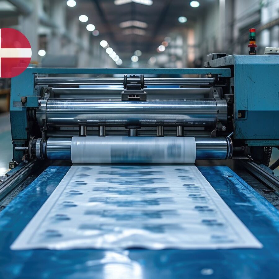 Industrial packaging printing machine with a Swiss flag icon, illustrating the compliance requirements for packaging inks under Swiss Ordinance Annex 10 Edition 3.2.