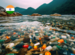 Plastic waste floating in a body of water with an Indian flag icon, illustrating India's 2026 Plastic Waste Management Amendment introducing binding recycled content targets and expanded EPR obligations.