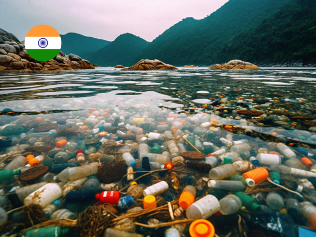 Plastic waste floating in a body of water with an Indian flag icon, illustrating India's 2026 Plastic Waste Management Amendment introducing binding recycled content targets and expanded EPR obligations.
