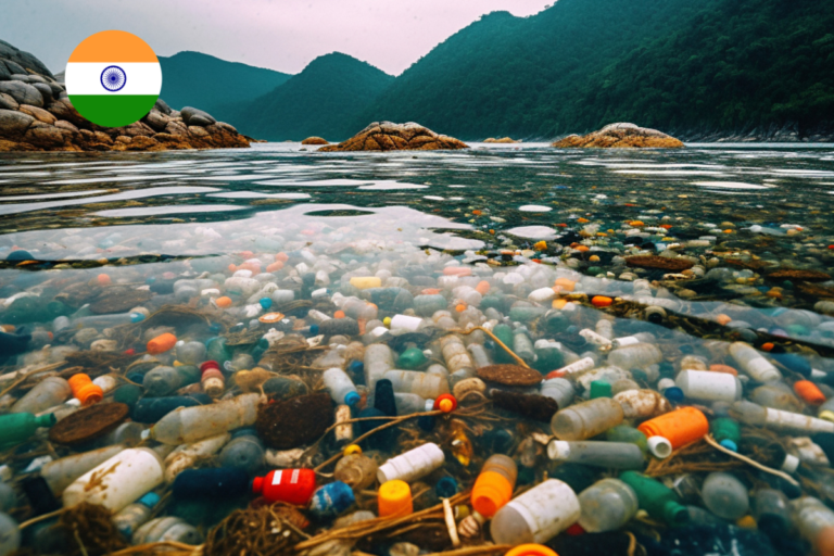 Plastic waste floating in a body of water with an Indian flag icon, illustrating India's 2026 Plastic Waste Management Amendment introducing binding recycled content targets and expanded EPR obligations.