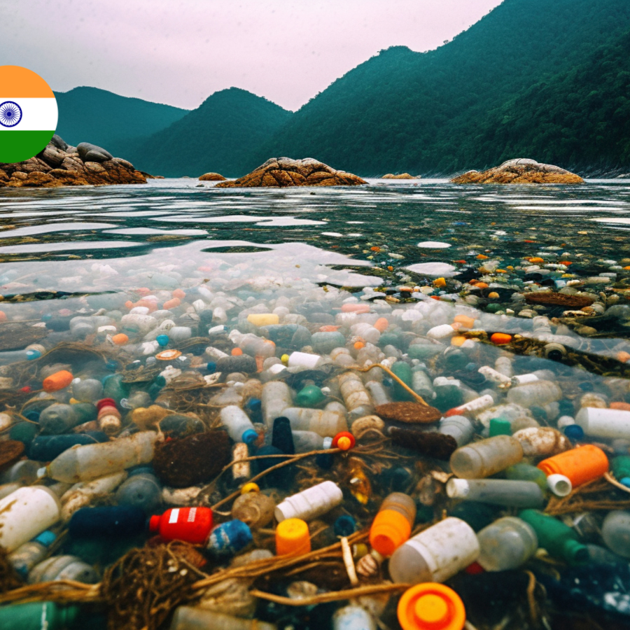 Plastic waste floating in a body of water with an Indian flag icon, illustrating India's 2026 Plastic Waste Management Amendment introducing binding recycled content targets and expanded EPR obligations.