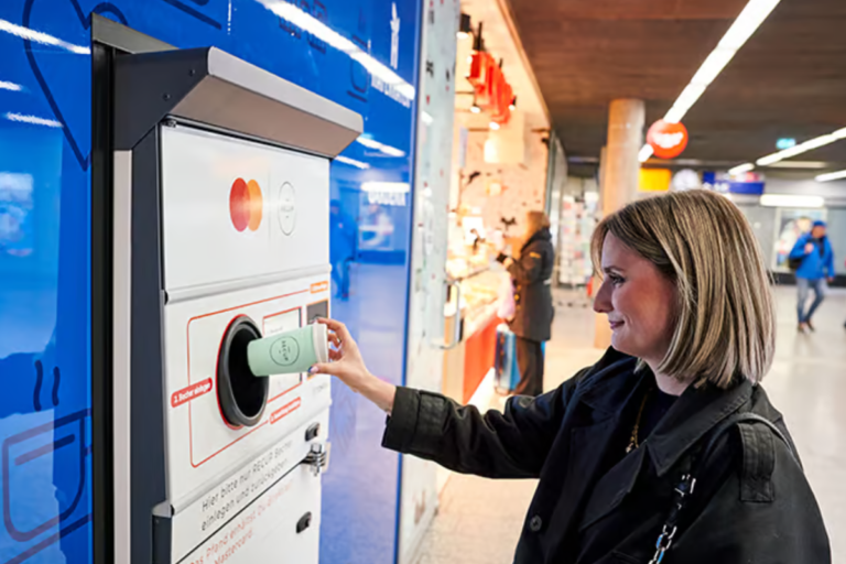 Consumer returning a reusable cup to a TOMRA automated return machine inside a busy German train station.