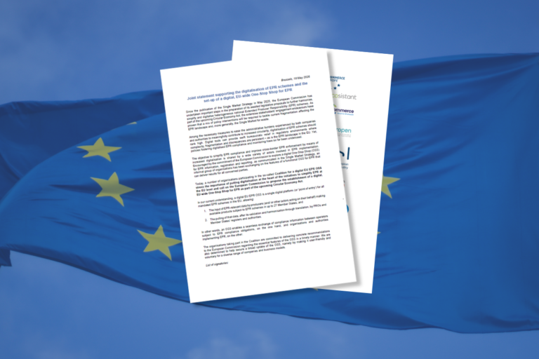 Official joint statement documents regarding the digital EU-wide One-Stop Shop for EPR compliance laid over a waving European Union flag.