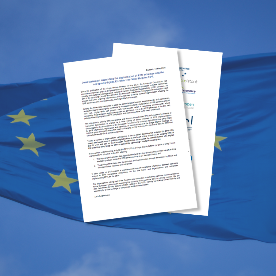 Official joint statement documents regarding the digital EU-wide One-Stop Shop for EPR compliance laid over a waving European Union flag.