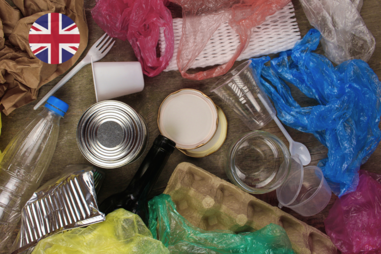 Various household packaging materials — plastic bags, glass jars, metal cans, plastic bottles, cardboard and aluminium foil — with a UK flag icon, illustrating the RAM 2027 recyclability assessment methodology for household packaging under pEPR.