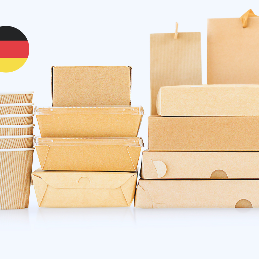 Paper and board food packaging materials including kraft cups, boxes and bags displayed against a white background with a German flag icon, illustrating the BfR Recommendation XXXVI revision on paper and board for food contact.