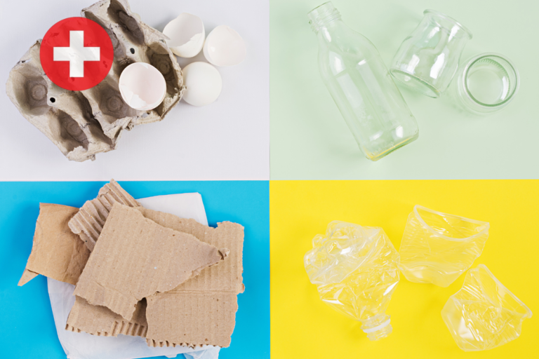 Various packaging formats (an egg carton, glass bottles, cardboard and PET plastic bottles) with a Swiss flag icon, illustrating the new Swiss Packaging Ordinance that now covers all packaging types.