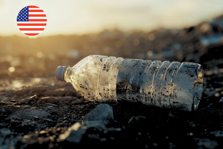 A discarded plastic bottle on polluted ground with a US flag icon, illustrating the 17-state federal lawsuit challenging California's SB 54 packaging EPR law.
