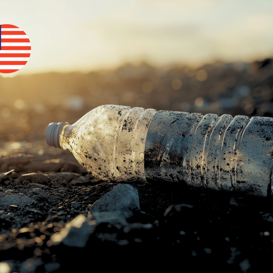 A discarded plastic bottle on polluted ground with a US flag icon, illustrating the 17-state federal lawsuit challenging California's SB 54 packaging EPR law.