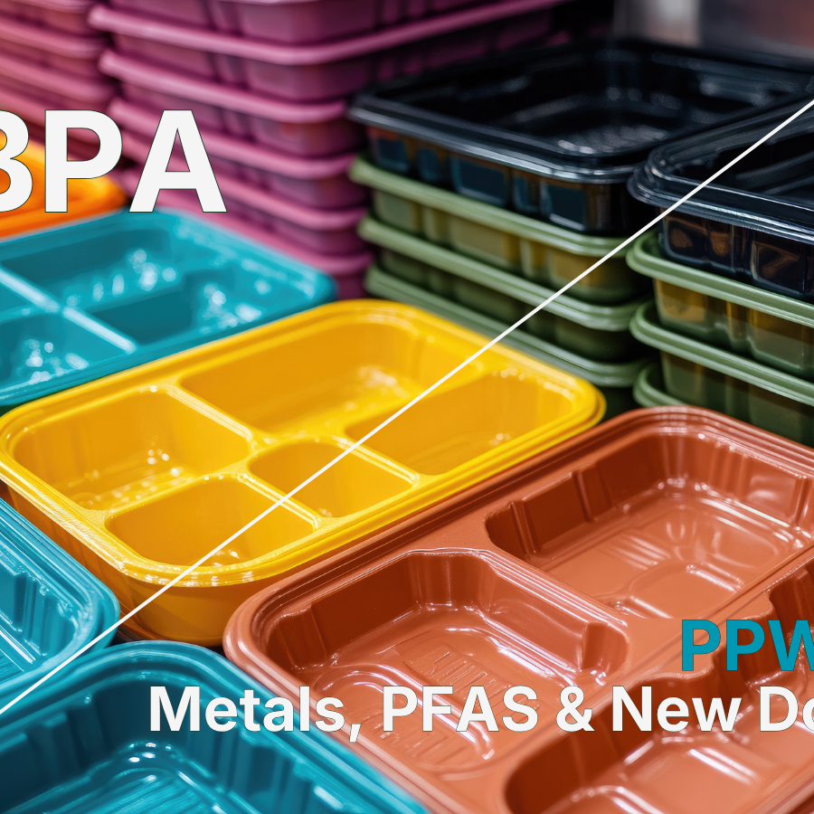 Colourful plastic food contact containers with "BPA" and "PPWR — Metals, PFAS & New DoC" text overlay, illustrating the EU compliance deadlines for bisphenol restrictions and PPWR Article 5 chemical requirements in July and August 2026.