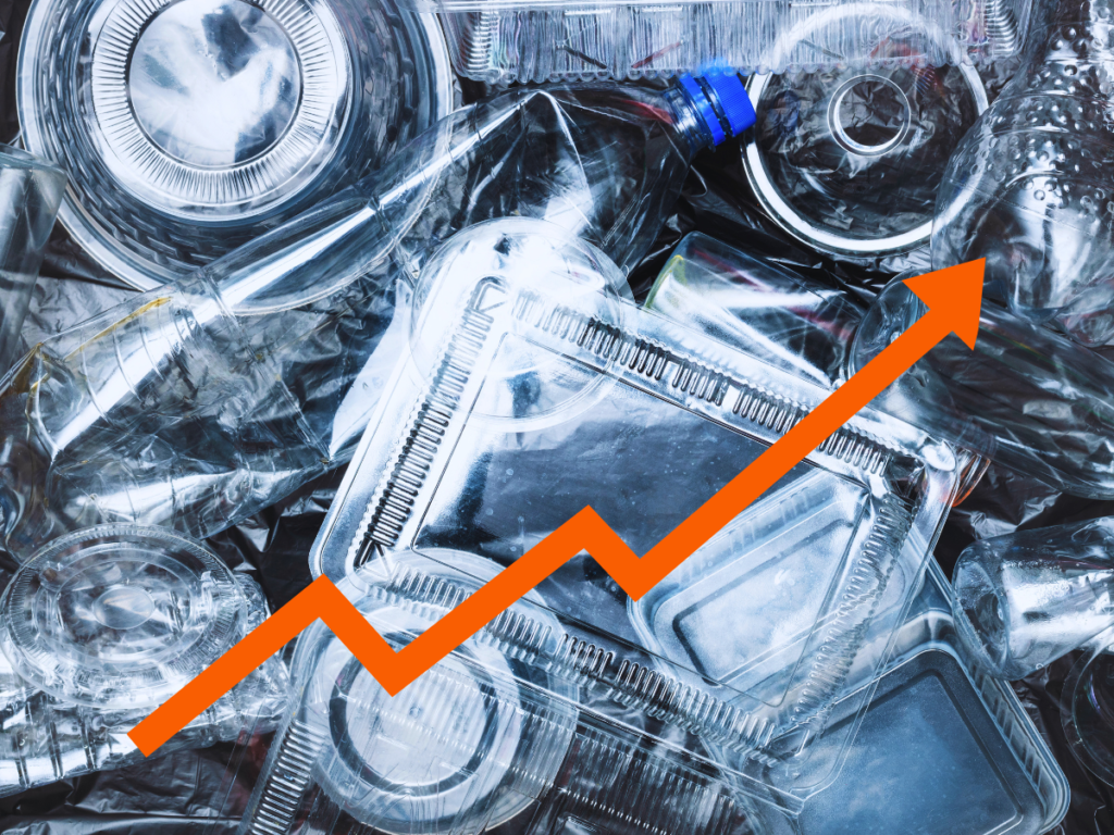 Plastic packaging waste with upward trend arrow, illustrating the 11 % growth in EU plastic packaging between 2011 and 2025 found by the JRC study
