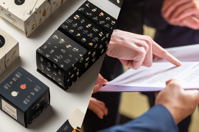Split image showing excessive packaging filler material alongside compliance document review, illustrating why PPWR packaging design decisions require technical input beyond marketing.