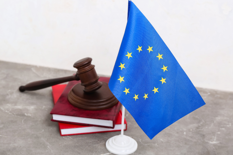 European Union flag beside a judge's gavel and law books, symbolizing the EU infringement processes towards 14 member states.