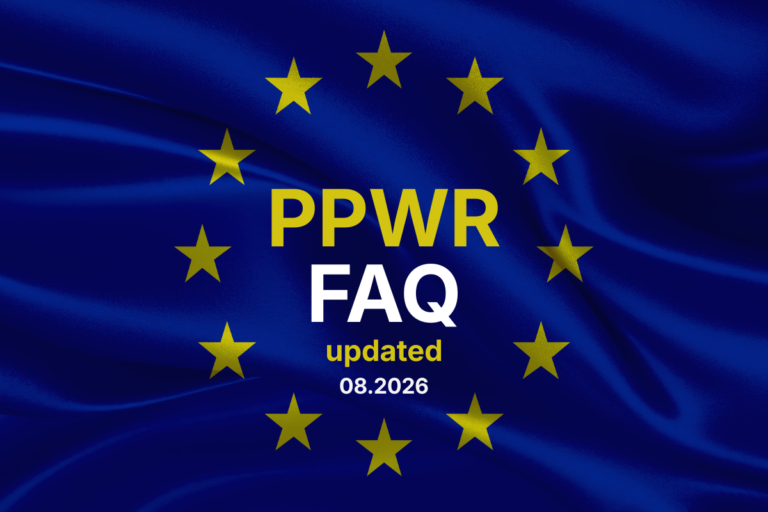 Σημαία της Ευρωπαϊκής Ένωσης με τον τίτλο PPWR FAQ, σχετικά με τη δεύτερη έκδοση του εγγράφου Συχνών Ερωτήσεων για τον PPWR.