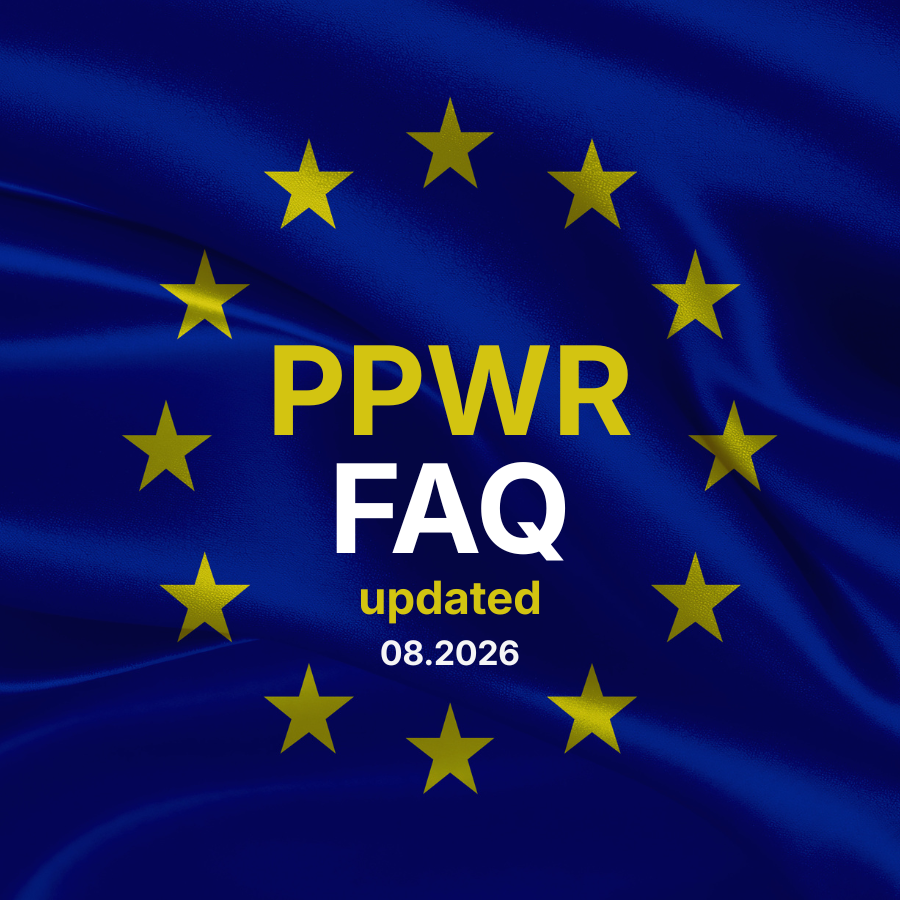 Σημαία της Ευρωπαϊκής Ένωσης με τον τίτλο PPWR FAQ, σχετικά με τη δεύτερη έκδοση του εγγράφου Συχνών Ερωτήσεων για τον PPWR.