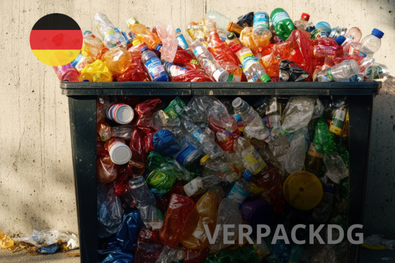 Overflowing recycling bin with German flag and VerpackDG text, representing Germany's new packaging law that entered into force on 12 August 2026.