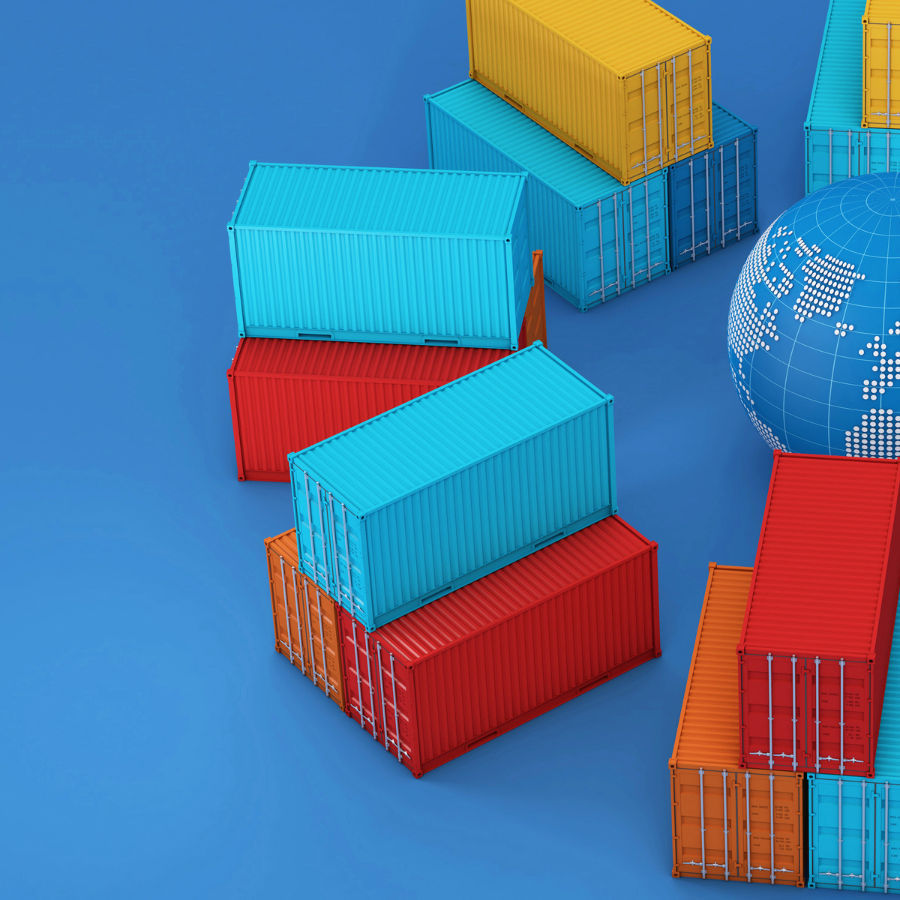 Πολύχρωμα εμπορευματοκιβώτια (containers) δίπλα σε ψηφιακή υδρόγειο σε μπλε φόντο, που αναπαριστούν τις παγκόσμιες εξαγωγές πλαστικών συσκευασιών και τη διεθνή κανονιστική συμμόρφωση.