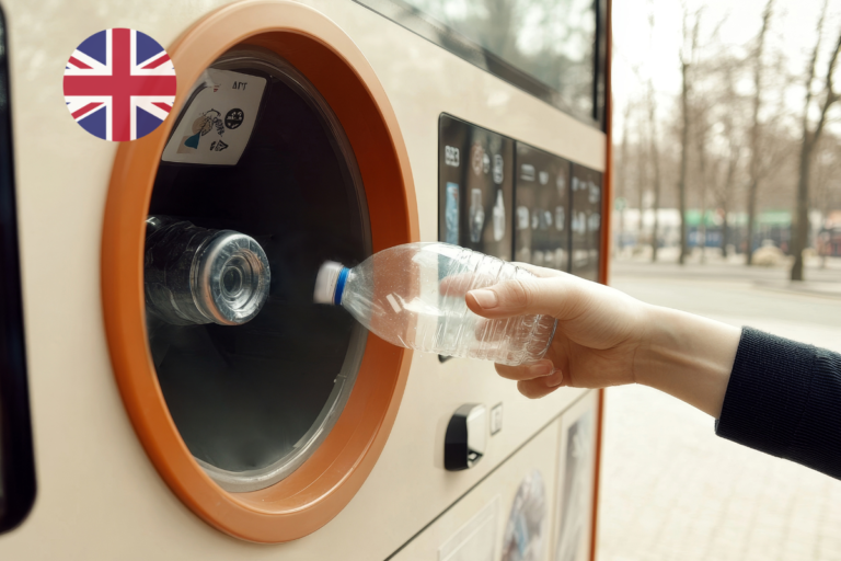 Person returning a plastic bottle to a reverse vending machine, illustrating the UK Deposit Return Scheme launching in October 2027