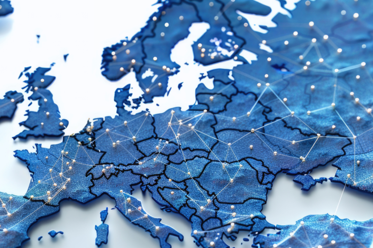 Three-dimensional blue map of Europe with interconnected nodes across EU Member States, representing the cross-border regulatory network and compliance requirements under the PPWR